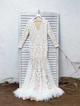 white sequin and feather long sleeve mermaid long prom dress