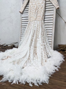 white sequin and feather mermaid long prom dress