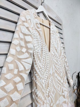 white sequin long sleeve mermaid long prom dress