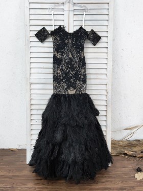 black sequin and feather mermaid long prom dress