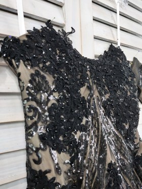 off the shoulder black sequin dress