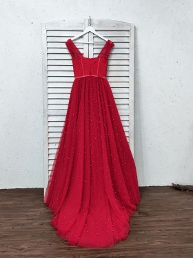 pearls embellished red tulle A line prom gown pearls embellished red tulle A line prom gown