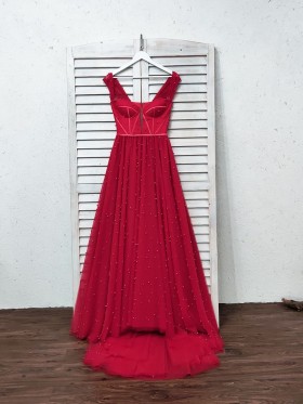 pearls embellished red tulle floor length A line prom gown