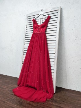 pearls embellished red tulle floor length prom gown
