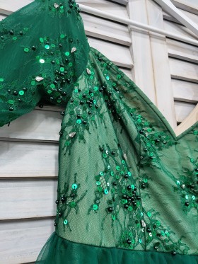 pearls sequins emerald prom dress
