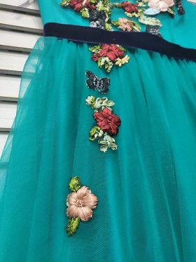 3D flowers embellished teal formal dress