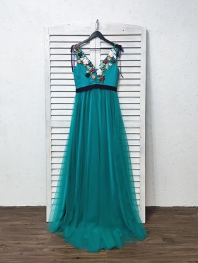 3D flowers embellished teal tulle long dress 3D flowers embellished teal tulle long dress