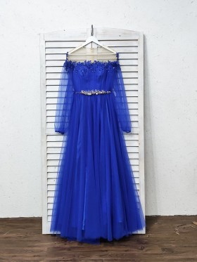 beading pearls embellished royal blue sheer sleeve tulle long evening prom dress