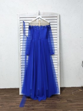 beading pearls embellished royal blue tulle evening prom dress beading pearls embellished royal blue tulle evening prom dress