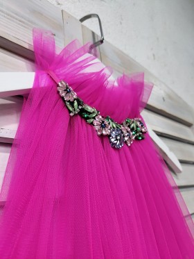 diamond embellished neckline fuchsia formal dress