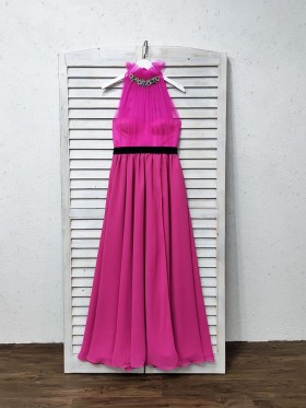diamond embellished neckline fuchsia tulle and chiffon long evening formal dress