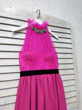 diamond neckline fuchsia tulle and chiffon evening formal dress