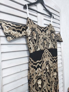 gold sequin off the shoulder prom dress