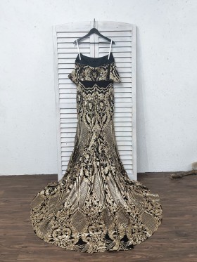 gold sequin on black lining mermaid prom dress