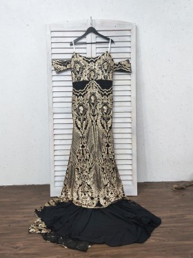 gold sequin on black lining off the shoulder mermaid prom dress