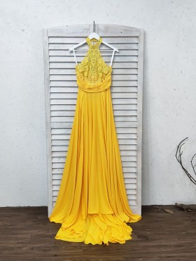 mango yellow lace and chiffon halter A line long prom dress