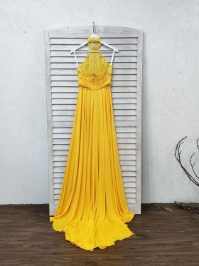 mango yellow lace and chiffon long prom dress