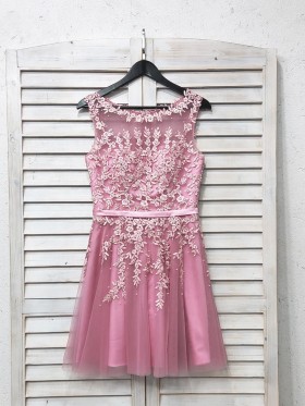 pearls adorned pink lace and tulle short dress