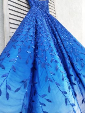 shiny leaf appliqued ball gown