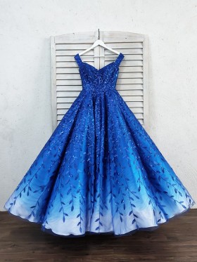 shiny leaf appliqued cobalt blue to white ombre ball gown