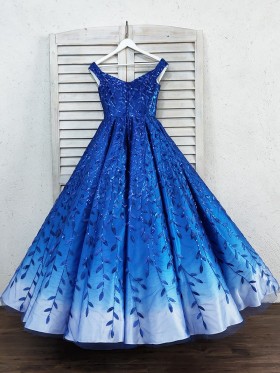 shiny leaf appliqued cobalt ombre ball gown