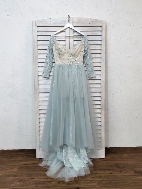 beaded dusty blue lace and tulle long sleeve formal dress