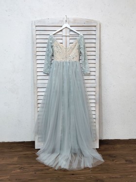 dusty blue tulle long formal dress