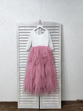 white and pastel pink lace and tulle flower girl dress