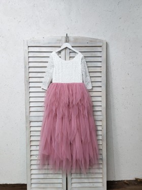 white lace long sleeve tiered ruffled pink tulle flower girl dress
