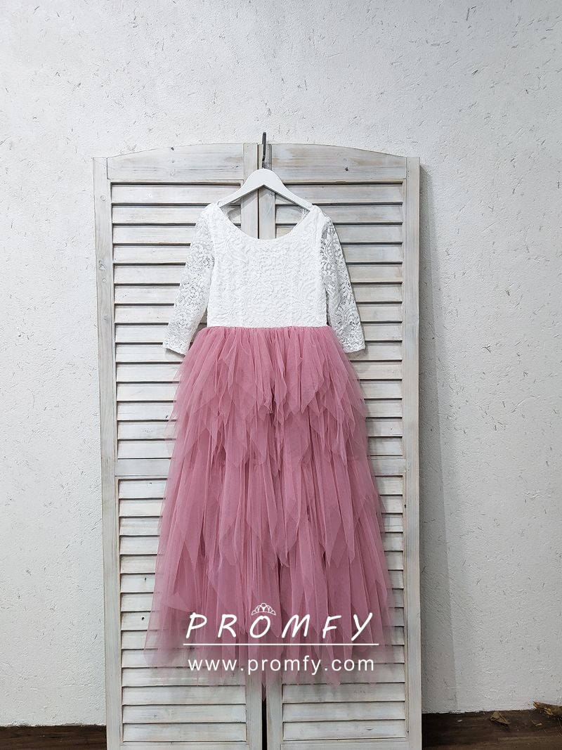 Promfy Cute Lace and Tiered Tulle Flower Girl Dress