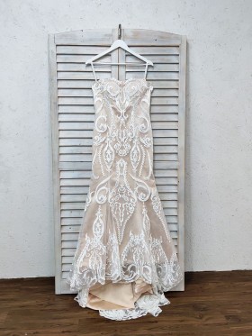 white lace over champagne lining mermaid long prom dress