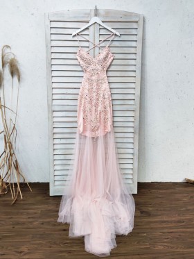 beaded pink tulle long prom dress