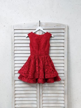 red lace tiered short homecoming dress