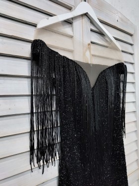 sweetheart neckline with black tassel detailing sweetheart neckline with black tassel detailing