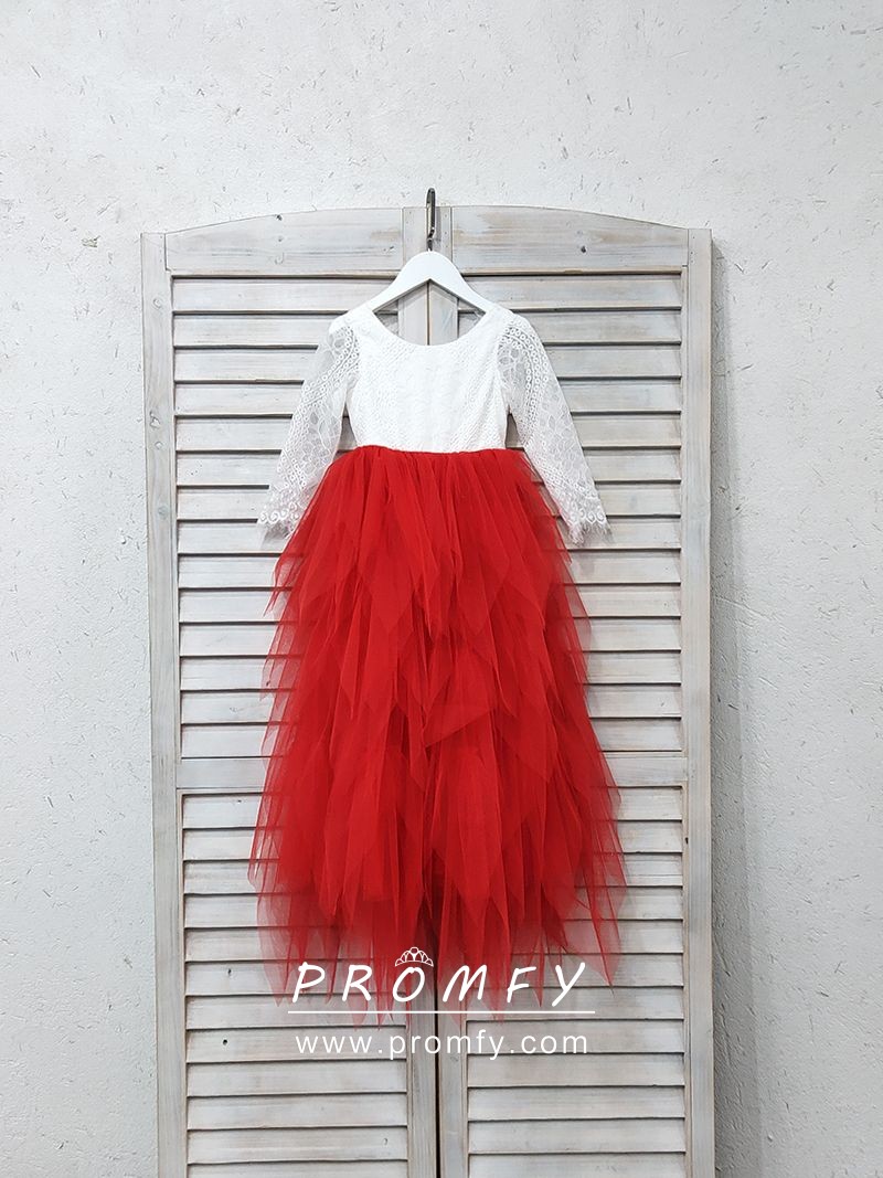 Promfy Cute Lace and Tiered Tulle Flower Girl Dress