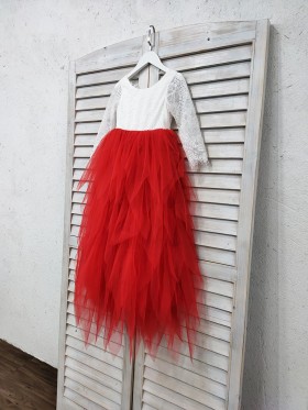 white lace and red tulle long sleeve flower girl dress white lace and red tulle long sleeve flower girl dress