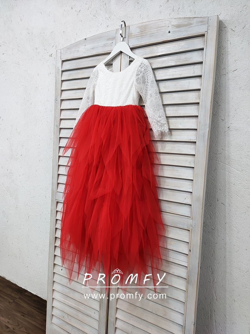 Promfy Cute Lace and Tiered Tulle Flower Girl Dress