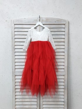 white lace and tiered red tulle flower girl dress