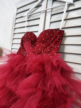 dark red pearls ruffled tulle dress
