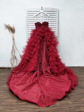 dark red pearls tiered ruffled tulle prom gown dark red pearls tiered ruffled tulle prom gown