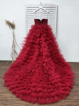 dark red ruffled tiered tulle long train prom dress