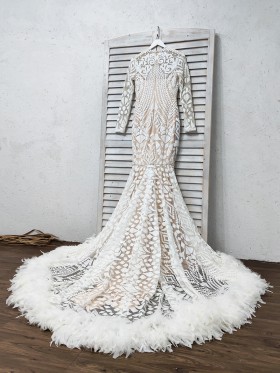 feather hemline long train prom dress