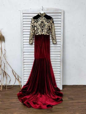 gold sequin and plum velvet dress