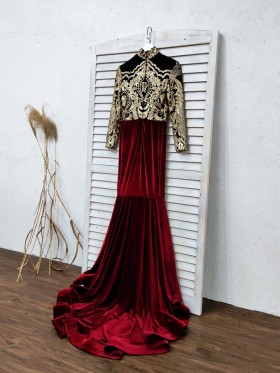 gold sequin with plum velvet prom dress
