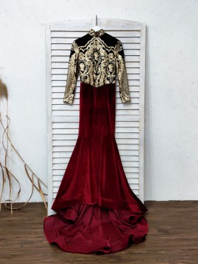 gold sequin with plum velvet unique mermaid long prom dress