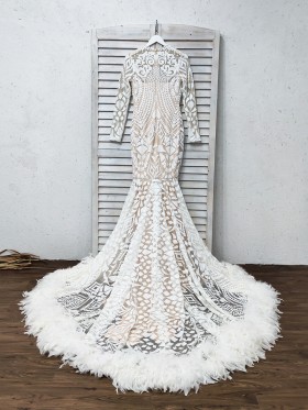 long train with feather white sequin prom dress long train with feather white sequin prom dress