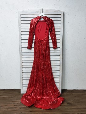 open back red sequin long sleeve prom dress