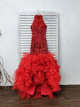 red sequin and ruffled organza trumpet prom dress