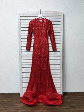 red sequin long sleeve prom dress