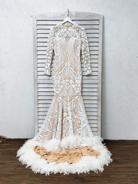 unique white sequin long sleeve prom dress with feather hemline unique white sequin long sleeve prom dress with feather hemline